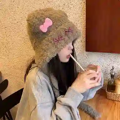 千桐 小熊蝴蝶结少女感精致套头护耳保暖甜美日常通勤 棉 绒线帽 女款