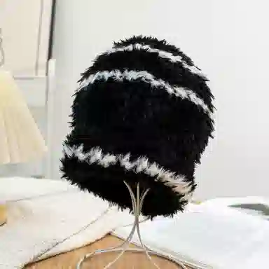 千桐 毛茸茸黑白条纹标签 温暖氛围感通勤百搭 涤纶 绒线帽 男女同款情侣款