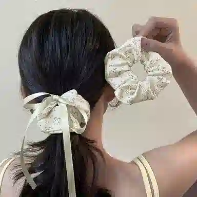 千桐 绿色碎花大肠清新蝴蝶结织带氛围感头饰#好运 聚酯纤维 发圈 男女同款情侣款