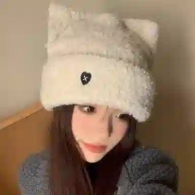 千桐 可爱猫耳爱心标 冬日保暖少女可爱萌系 小蛋糕 聚酯纤维 毛绒帽 男女同款情侣款