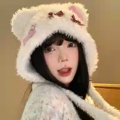 千桐 小熊蝴蝶结少女感精致套头护耳保暖甜美日常通勤 棉 绒线帽 女款