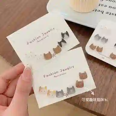千桐 日系可爱猫咪脑袋耳饰套装 卡通小巧精致设计感学生 树脂 耳钉 女款