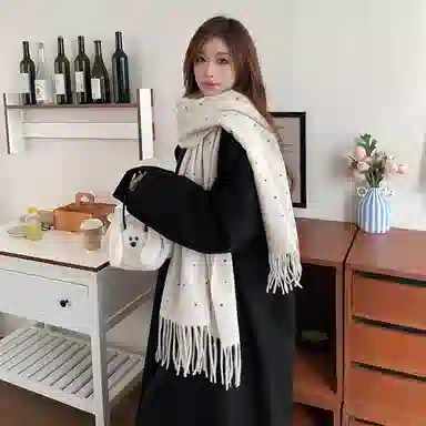 千桐 流苏彩色波点学院风冬日温暖柔软披肩加厚针织百搭 棉 绒线围巾 男女同款情侣款