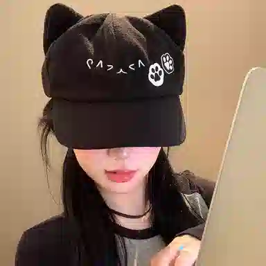 千桐 二次元呆萌宅系少女可爱猫娘猫耳颜文字爪印颗粒绒 棉 鸭舌帽 女款