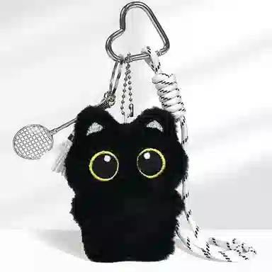 千桐 羽毛球小黑猫 日系可爱萌趣小猫 森系多巴胺爱心挂绳 创意清新卡通包包百搭#好运 毛绒 挂件 男女同款情侣款