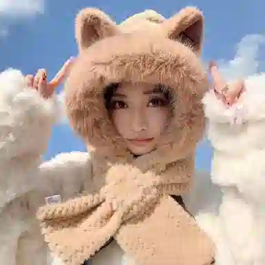 千桐 狐狸耳朵针织一体帽防风冬季保暖出行套头帽 涤纶 绒线帽 女款