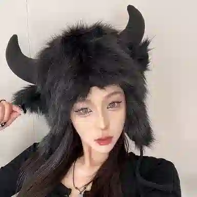 千桐 牛魔王牛角护耳帽 搞怪冬日防寒保暖 棉 涤纶 绒线帽 男女同款情侣款