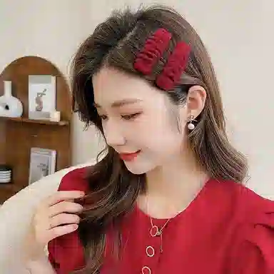 千桐 喜庆复古优雅高级感气质高颅顶发饰红色丝绒七件套一字边夹抓夹褶皱蝴蝶结 植绒 发夹 女款