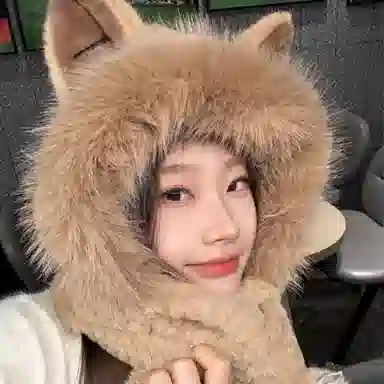 千桐 狐狸耳朵针织一体帽防风冬季保暖出行套头帽 涤纶 绒线帽 女款