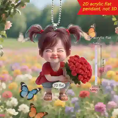 【笑眼弯弯，干净温暖】 千桐 治愈爱笑女孩可爱手捧玫瑰时尚汽车内饰潮流装饰挂饰 亚克力 挂件 男女同款情侣款