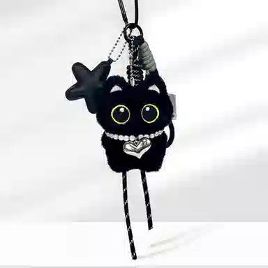 千桐 羽毛球小黑猫 日系可爱萌趣小猫 森系多巴胺爱心挂绳 创意清新卡通包包百搭#好运 毛绒 挂件 男女同款情侣款