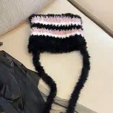 千桐 可爱甜酷感冬日出行 条纹猫耳长绳毛球 棉 绒线帽 女款