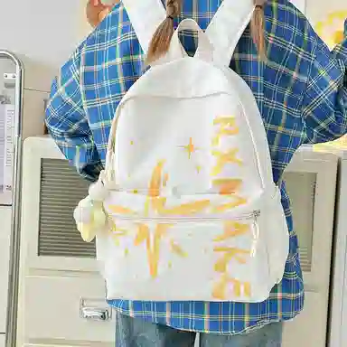 普乐威 小众涂鸦高级感精致休闲旅游轻便高颜值时尚百搭上课通勤背包 尼龙 双肩包 男女同款情侣款 黄色/浅棕色/蓝色/粉红色