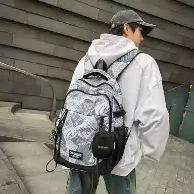 普乐威 潮酷高颜值 尼龙 双肩包 男女同款情侣款 几何/动漫/报纸/涂鸦/白色/黑色