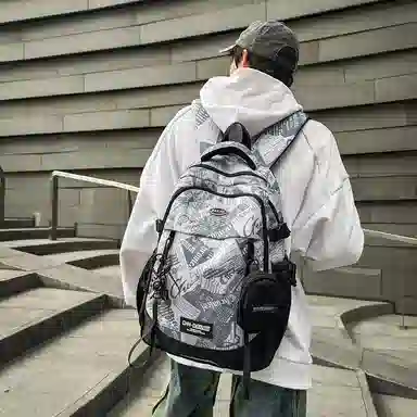 普乐威 潮酷高颜值 尼龙 双肩包 男女同款情侣款 几何/动漫/报纸/涂鸦/白色/黑色