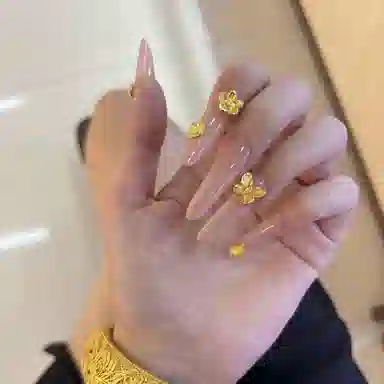 栩靓 网红爆款金花仙子纯手工穿戴甲裸色纯欲风富贵奢华立体黄金花美甲  中长款