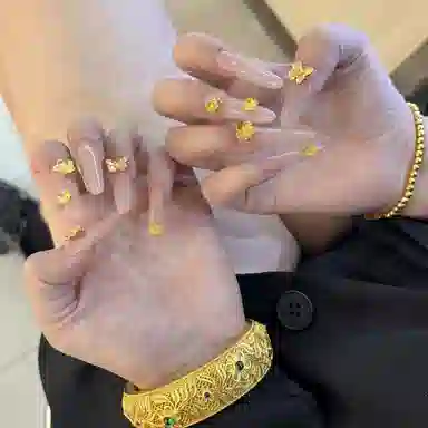 栩靓 网红爆款金花仙子纯手工穿戴甲裸色纯欲风富贵奢华立体黄金花美甲  中长款
