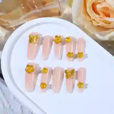 栩靓 网红爆款金花仙子纯手工穿戴甲裸色纯欲风富贵奢华立体黄金花美甲  中长款