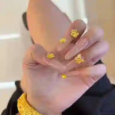 栩靓 网红爆款金花仙子纯手工穿戴甲裸色纯欲风富贵奢华立体黄金花美甲  中长款