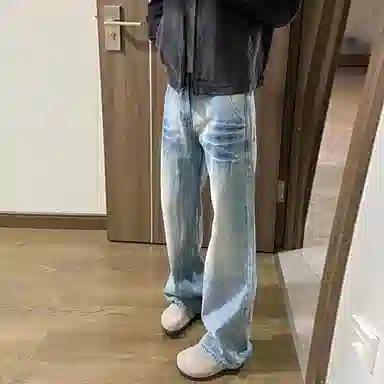 虫小绿 美式高街风水洗直筒弯刀微喇闪电裂纹长裤牛仔裤 男女同款
