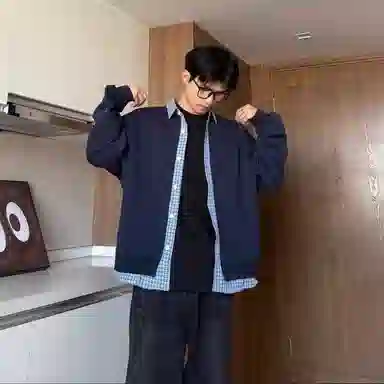 悍戈 韩系假两件拼接格纹衬衫 慵懒百搭宽松情侣款针织衫 男女同款