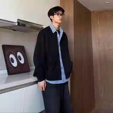 悍戈 韩系假两件拼接格纹衬衫 慵懒百搭宽松情侣款针织衫 男女同款
