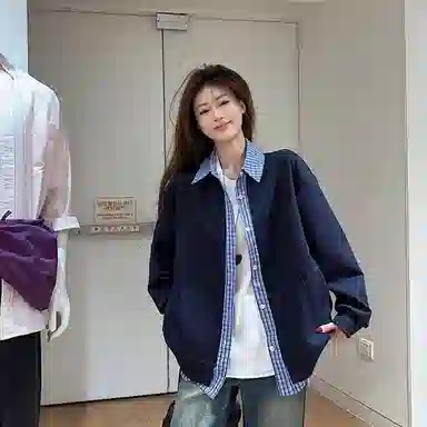悍戈 韩系假两件拼接格纹衬衫 慵懒百搭宽松情侣款针织衫 男女同款