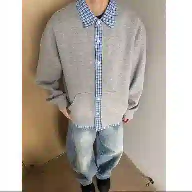 悍戈 韩系假两件拼接格纹衬衫 慵懒百搭宽松情侣款针织衫 男女同款