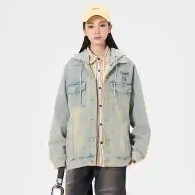 帕丁顿熊 美式基础款绅士小熊字母刺绣假两件连帽可拆卸复古水洗宽松百搭夹克牛仔外套 男女同款