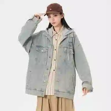 帕丁顿熊 美式基础款绅士小熊字母刺绣假两件连帽可拆卸复古水洗宽松百搭夹克牛仔外套 男女同款