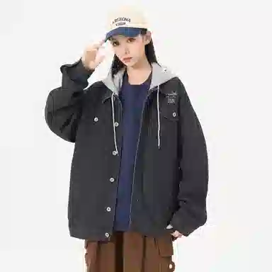 帕丁顿熊 美式基础款绅士小熊字母刺绣假两件连帽可拆卸复古水洗宽松百搭夹克牛仔外套 男女同款