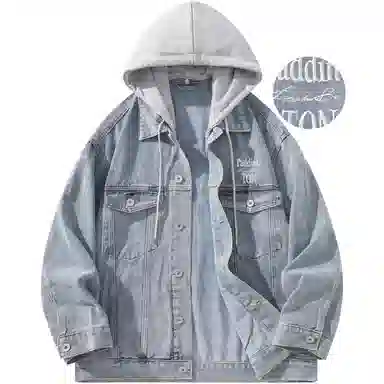 帕丁顿熊 美式基础款绅士小熊字母刺绣假两件连帽可拆卸复古水洗宽松百搭夹克牛仔外套 男女同款