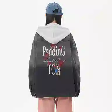 帕丁顿熊 美式基础款绅士小熊字母刺绣假两件连帽可拆卸复古水洗宽松百搭夹克牛仔外套 男女同款