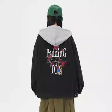 帕丁顿熊 美式基础款绅士小熊字母刺绣假两件连帽可拆卸复古水洗宽松百搭夹克牛仔外套 男女同款