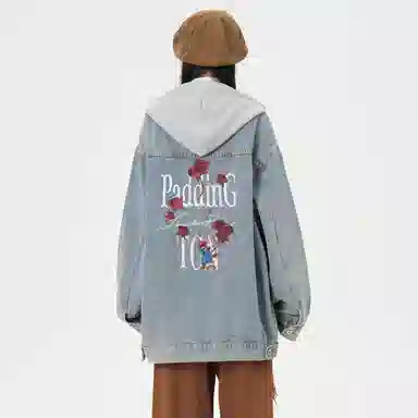 帕丁顿熊 美式基础款绅士小熊字母刺绣假两件连帽可拆卸复古水洗宽松百搭夹克牛仔外套 男女同款