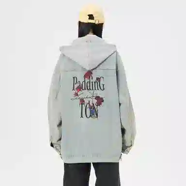 帕丁顿熊 美式基础款绅士小熊字母刺绣假两件连帽可拆卸复古水洗宽松百搭夹克牛仔外套 男女同款