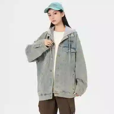 帕丁顿熊 美式基础款绅士小熊字母刺绣假两件连帽可拆卸复古水洗宽松百搭夹克牛仔外套 男女同款