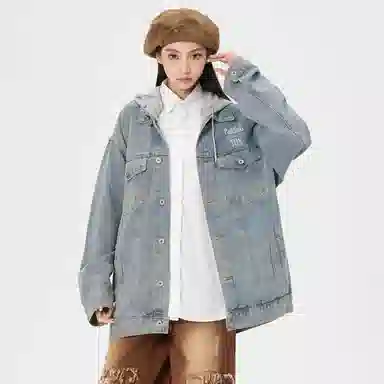 帕丁顿熊 美式基础款绅士小熊字母刺绣假两件连帽可拆卸复古水洗宽松百搭夹克牛仔外套 男女同款