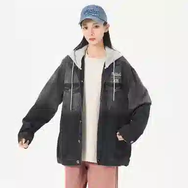 帕丁顿熊 美式基础款绅士小熊字母刺绣假两件连帽可拆卸复古水洗宽松百搭夹克牛仔外套 男女同款