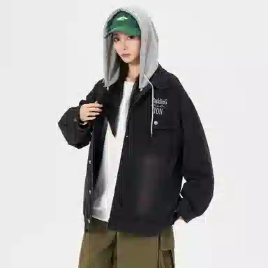 帕丁顿熊 美式基础款绅士小熊字母刺绣假两件连帽可拆卸复古水洗宽松百搭夹克牛仔外套 男女同款