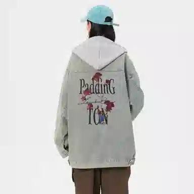 帕丁顿熊 美式基础款绅士小熊字母刺绣假两件连帽可拆卸复古水洗宽松百搭夹克牛仔外套 男女同款