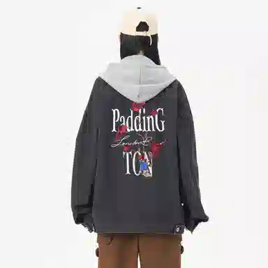 帕丁顿熊 美式基础款绅士小熊字母刺绣假两件连帽可拆卸复古水洗宽松百搭夹克牛仔外套 男女同款