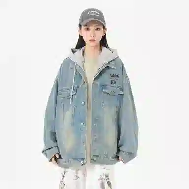 帕丁顿熊 美式基础款绅士小熊字母刺绣假两件连帽可拆卸复古水洗宽松百搭夹克牛仔外套 男女同款