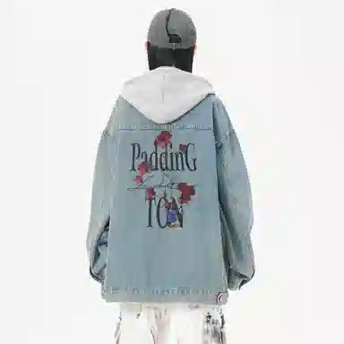 帕丁顿熊 美式基础款绅士小熊字母刺绣假两件连帽可拆卸复古水洗宽松百搭夹克牛仔外套 男女同款