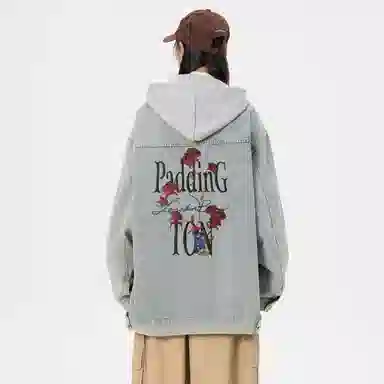 帕丁顿熊 美式基础款绅士小熊字母刺绣假两件连帽可拆卸复古水洗宽松百搭夹克牛仔外套 男女同款