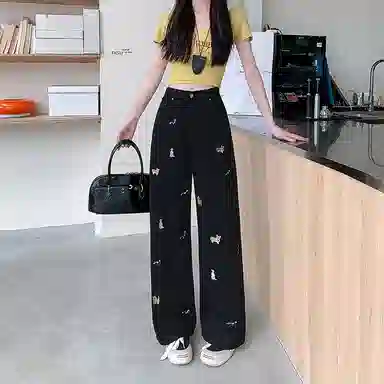 兰缪 小狗刺绣阔腿宽松拖地裤时尚休闲趣味图案高腰显瘦直筒牛仔裤 女款