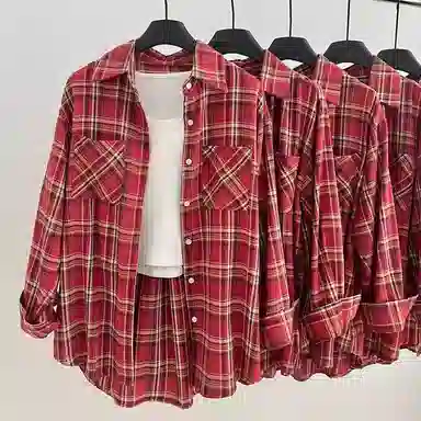 兰缪 经典复古纯棉格子长袖开衫上衣女春秋休闲百搭时尚宽松显瘦衬衫 女款