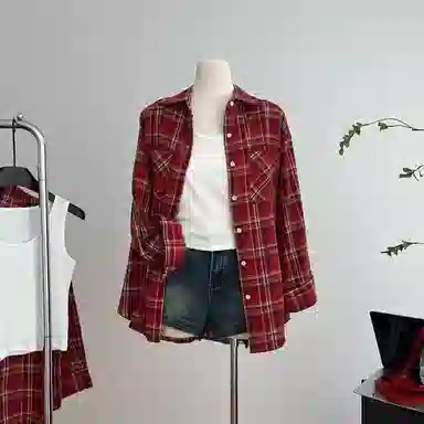 兰缪 经典复古纯棉格子长袖开衫上衣女春秋休闲百搭时尚宽松显瘦衬衫 女款