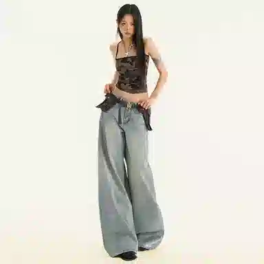 兰缪 美式设计感时尚复古水洗做旧直筒裤垂感百搭宽松高腰显瘦显高牛仔裤 女款