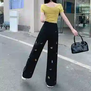 兰缪 小狗刺绣阔腿宽松拖地裤时尚休闲趣味图案高腰显瘦直筒牛仔裤 女款